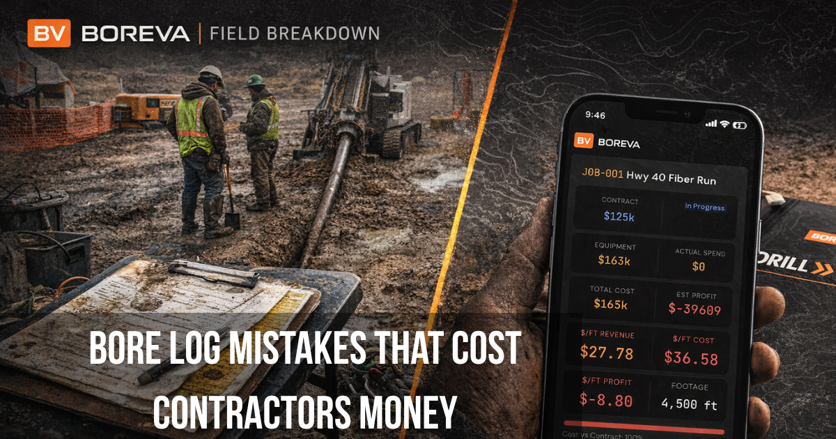 Bore-log-mistakes-field-breakdown-boreva image showing a directional drilling crew logging bore data with the Boreva field breakdown app in muddy jobsite conditions.