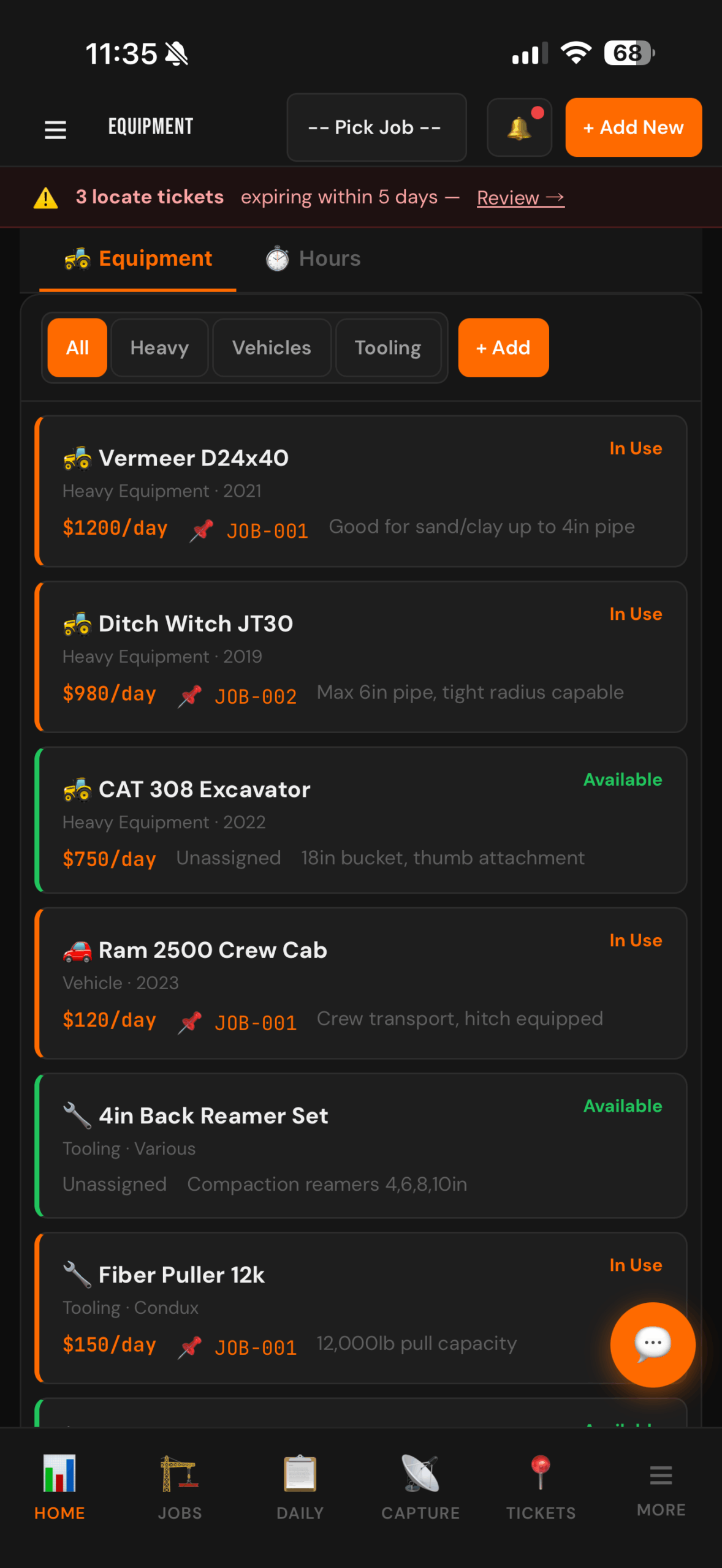 Boreva equipment list that reflects daily cost, usage, hours, and whose operating it