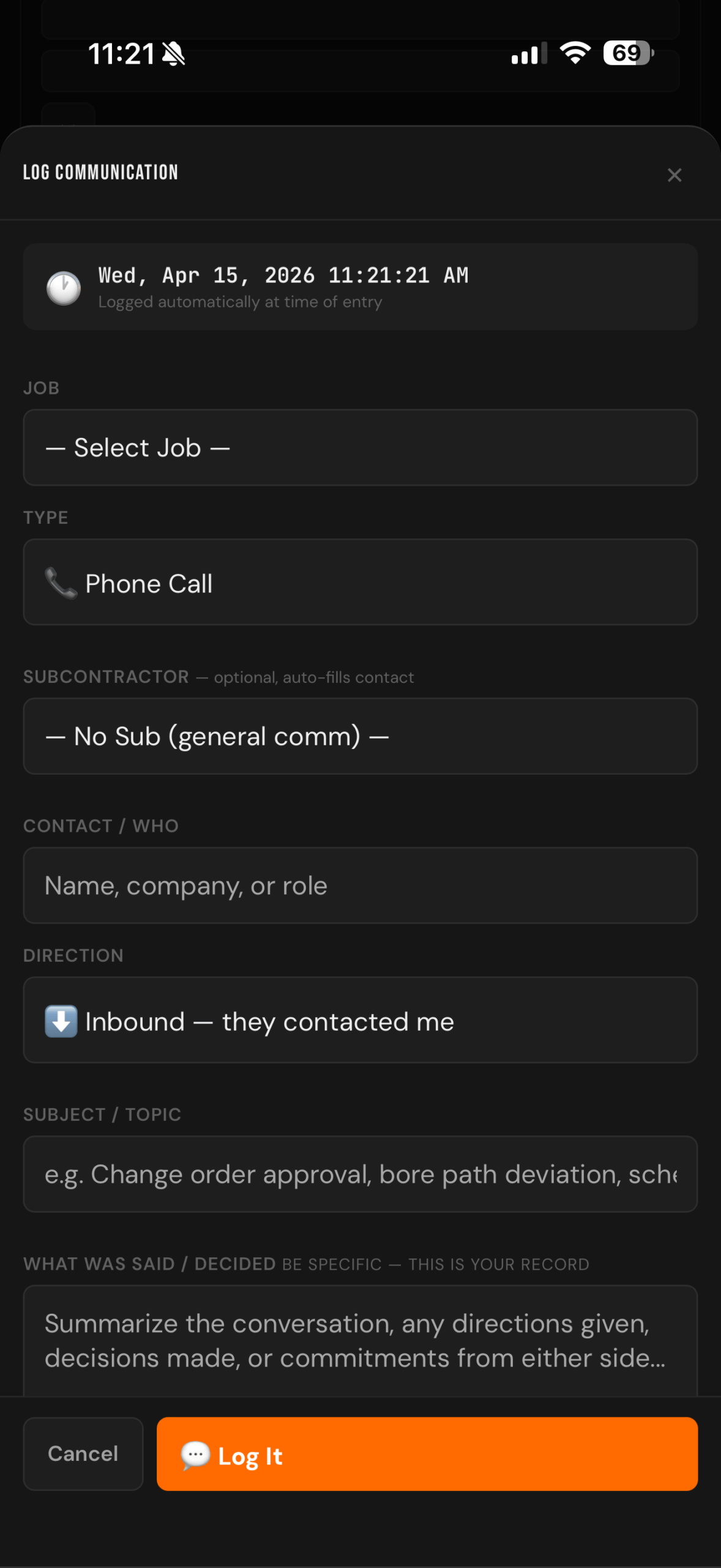Logging jobsite issues and delays in real time