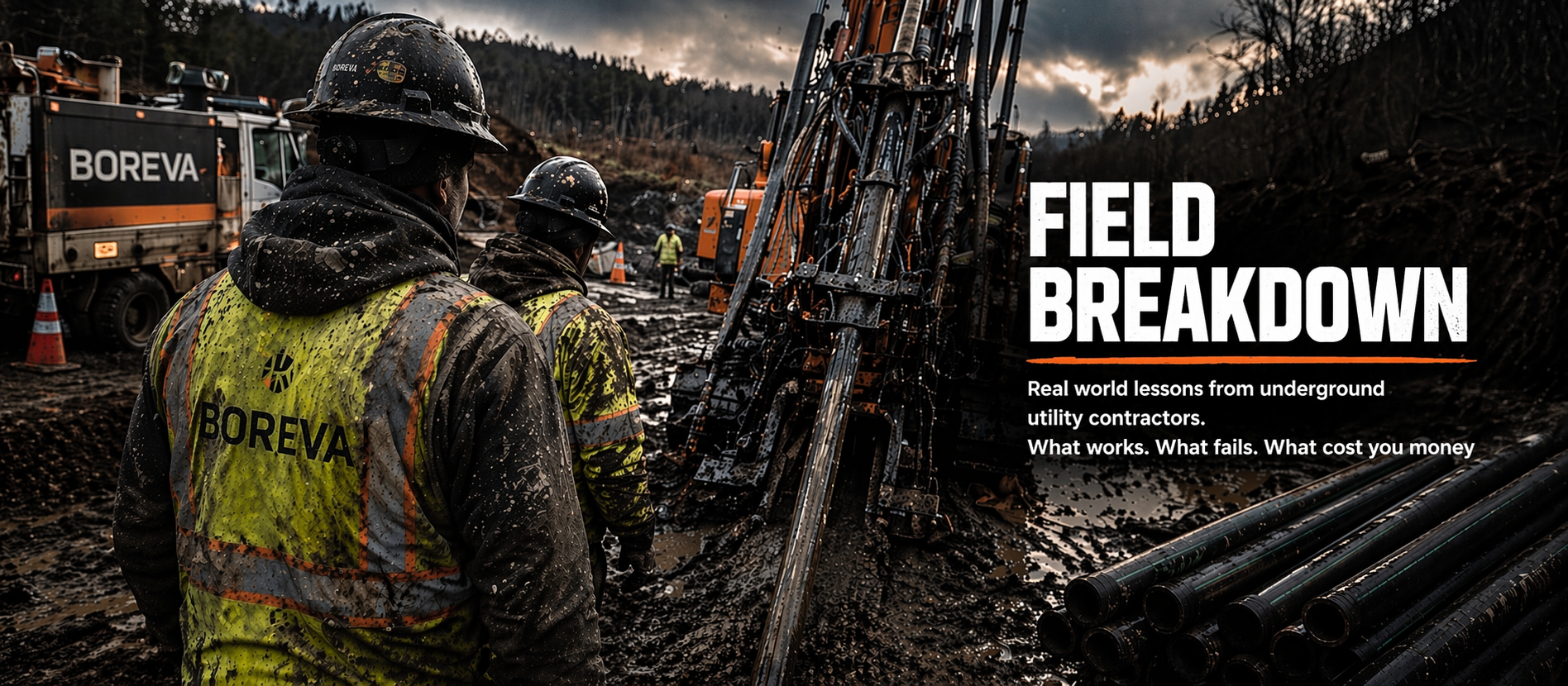 Directional drilling crew installing underground fiber conduit on a muddy jobsite with Boreva branding